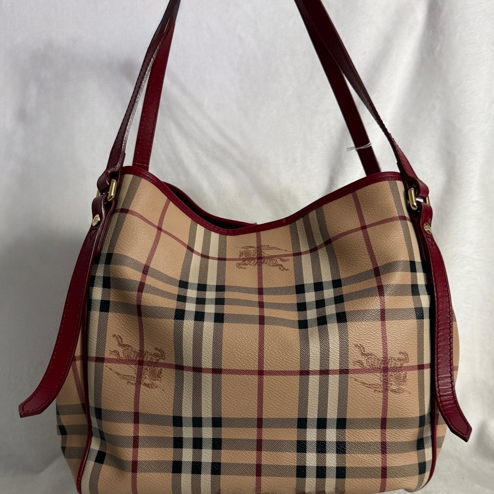 Burberry Tan Plaid Tote with Burgundy Trim